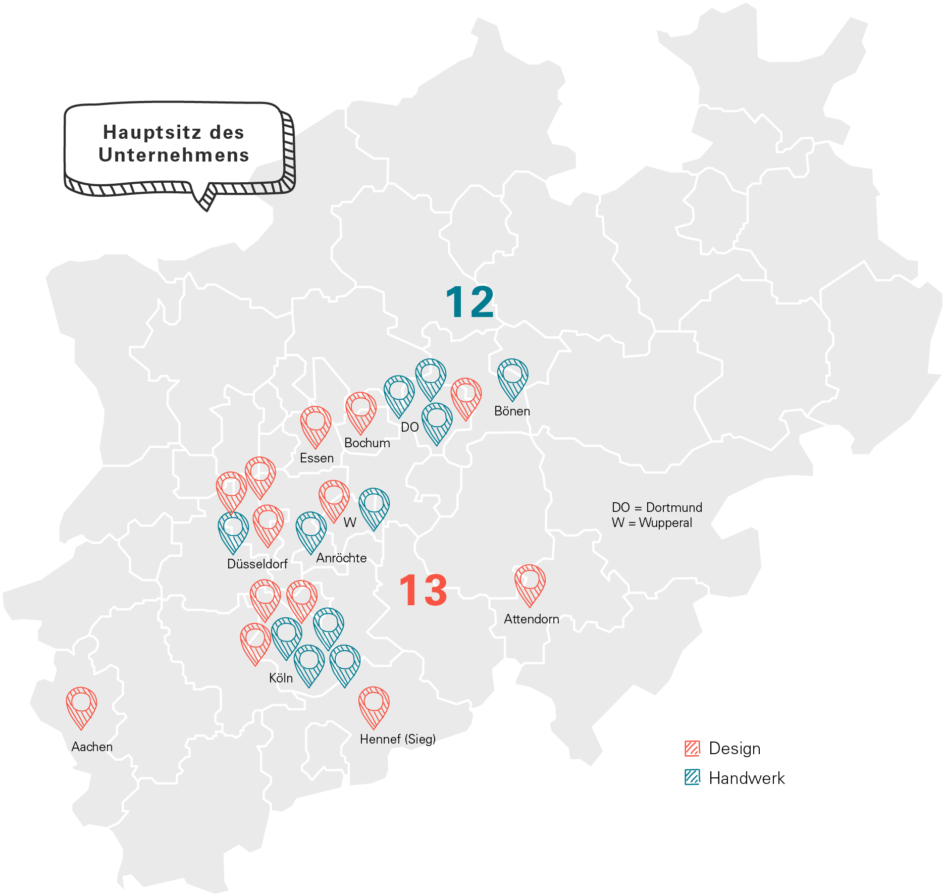 Wertschöpfung neu denken Abb. 1 Ansicht einer Karte von NRW mit Markierungen auf die Orte mit den Hauptsitzen der befragten Unternehmen aus Handwerk und Design.
